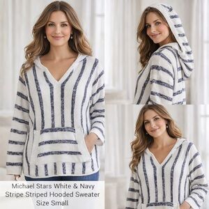 Michael Stars Baja Hoodie Sweater Wht Navy Stripe Kangaroo Pocket Beach Pullover